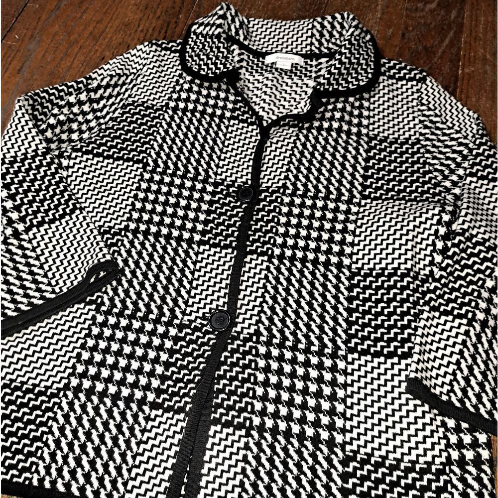Large Dress Barn Black White Knit Button Front Blazer Cardigan Shirt Top